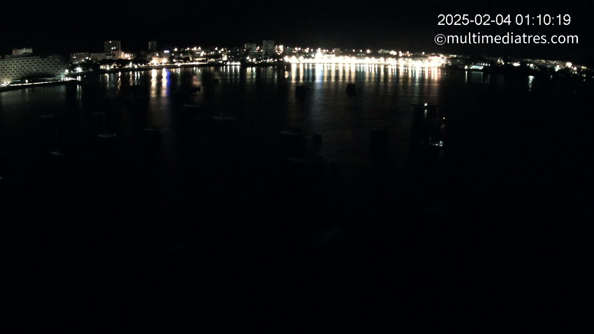 A nighttime view of a city's illuminated waterfront with several boats in a calm body of water.