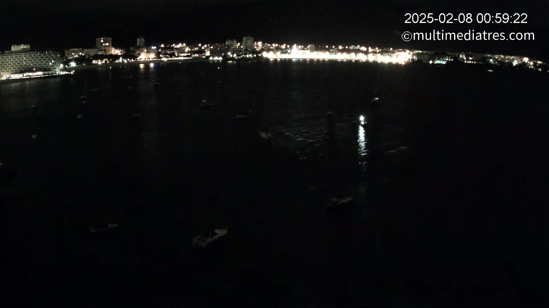 A nighttime view of a city's illuminated waterfront at night, with numerous small boats scattered across a dark body of water.