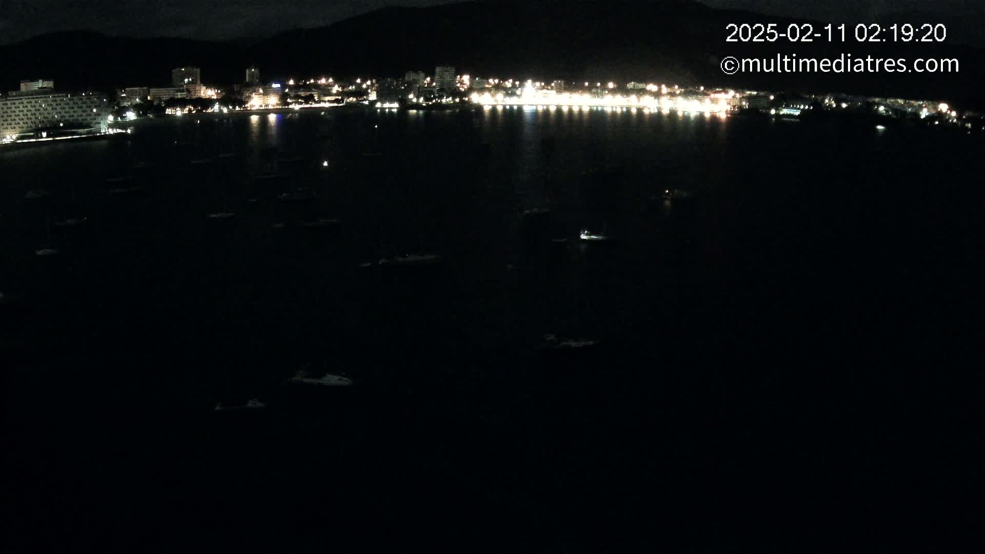 At night, a dark body of water dotted with numerous small boats sits in front of a city's illuminated waterfront.