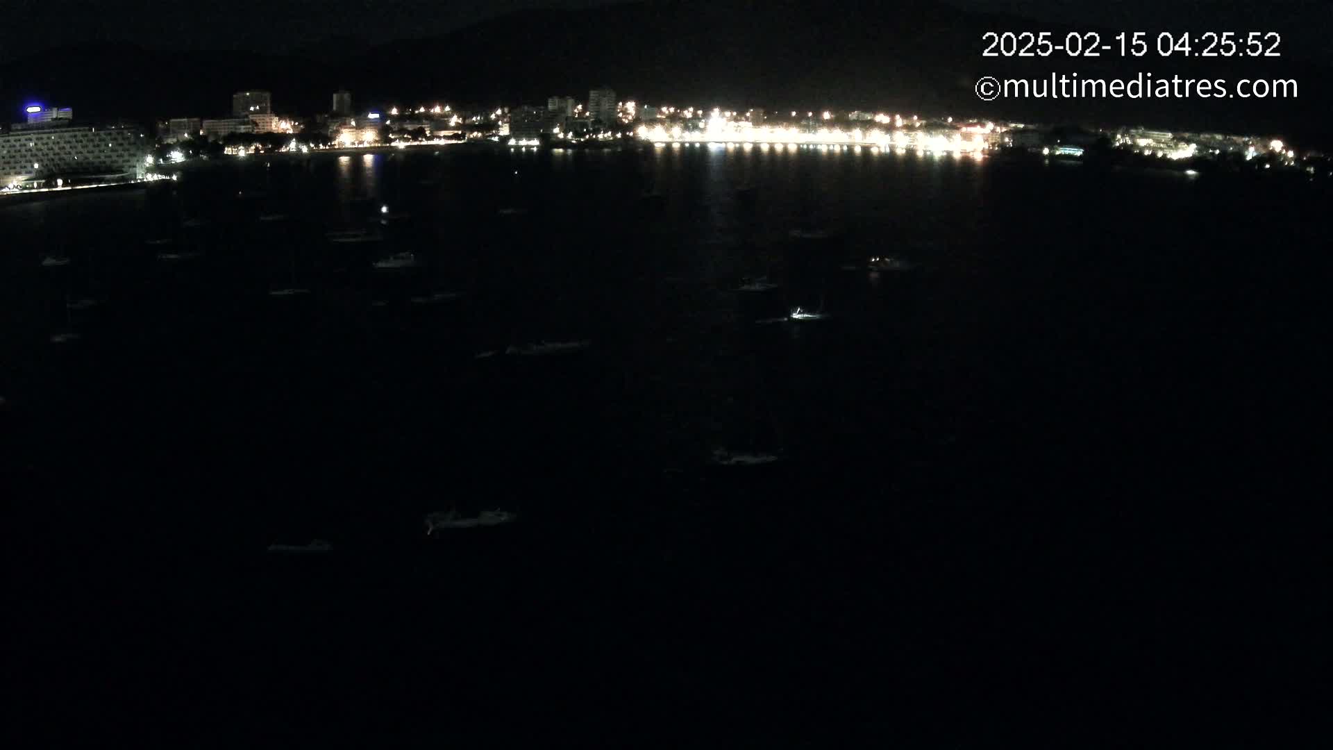 A nighttime view of a city's illuminated waterfront, with numerous small boats scattered across a dark body of water.