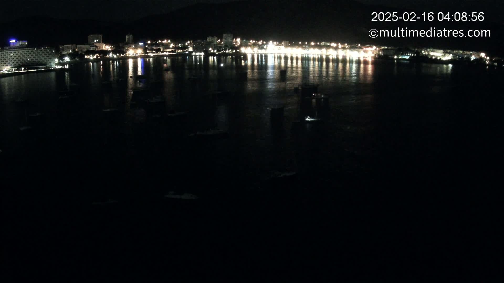 A nighttime view shows a dark body of water with numerous small boats, reflecting the lights of a city on the shore.