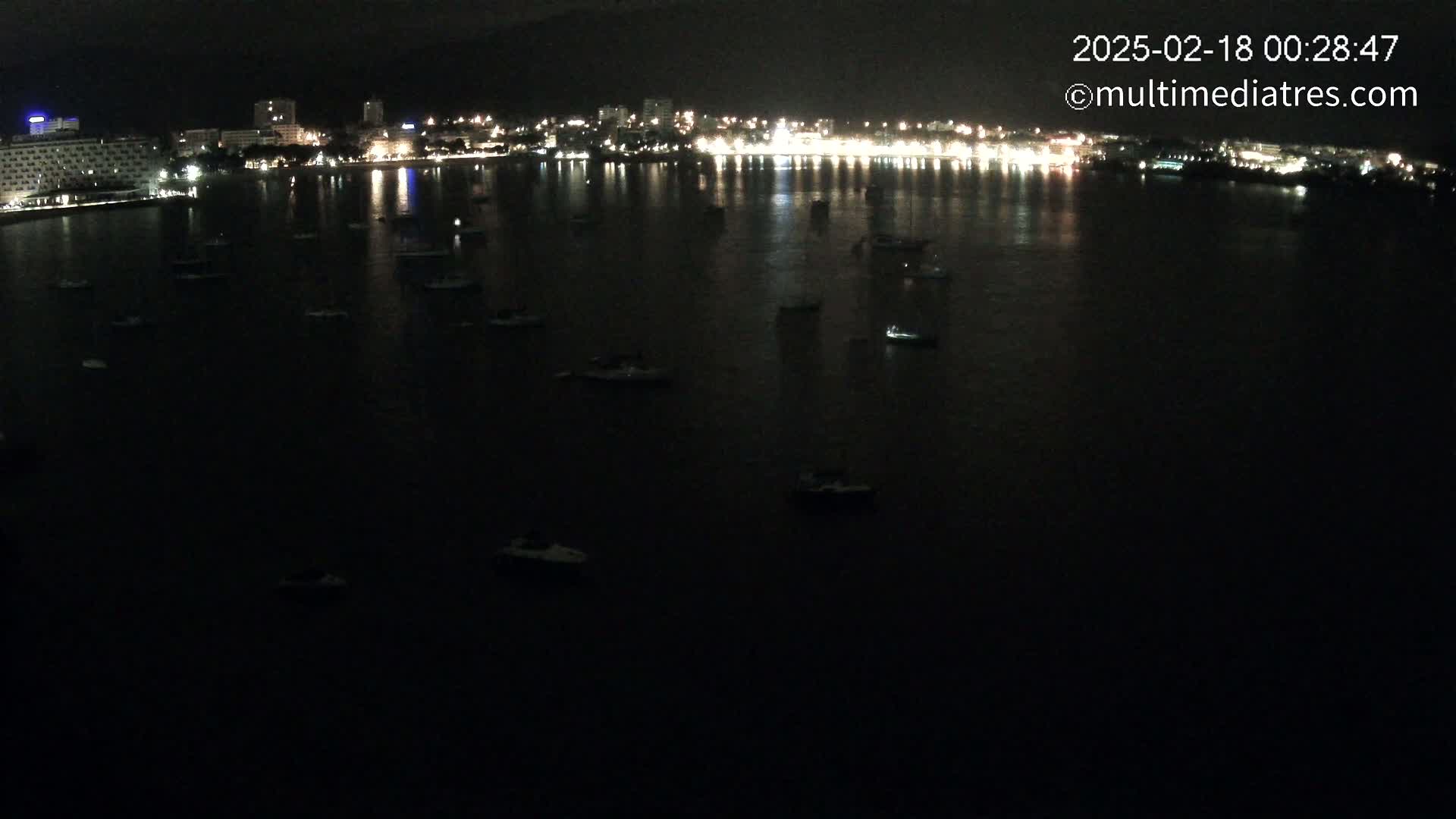 A nighttime view shows numerous boats moored in a dark body of water in front of a city illuminated by lights.