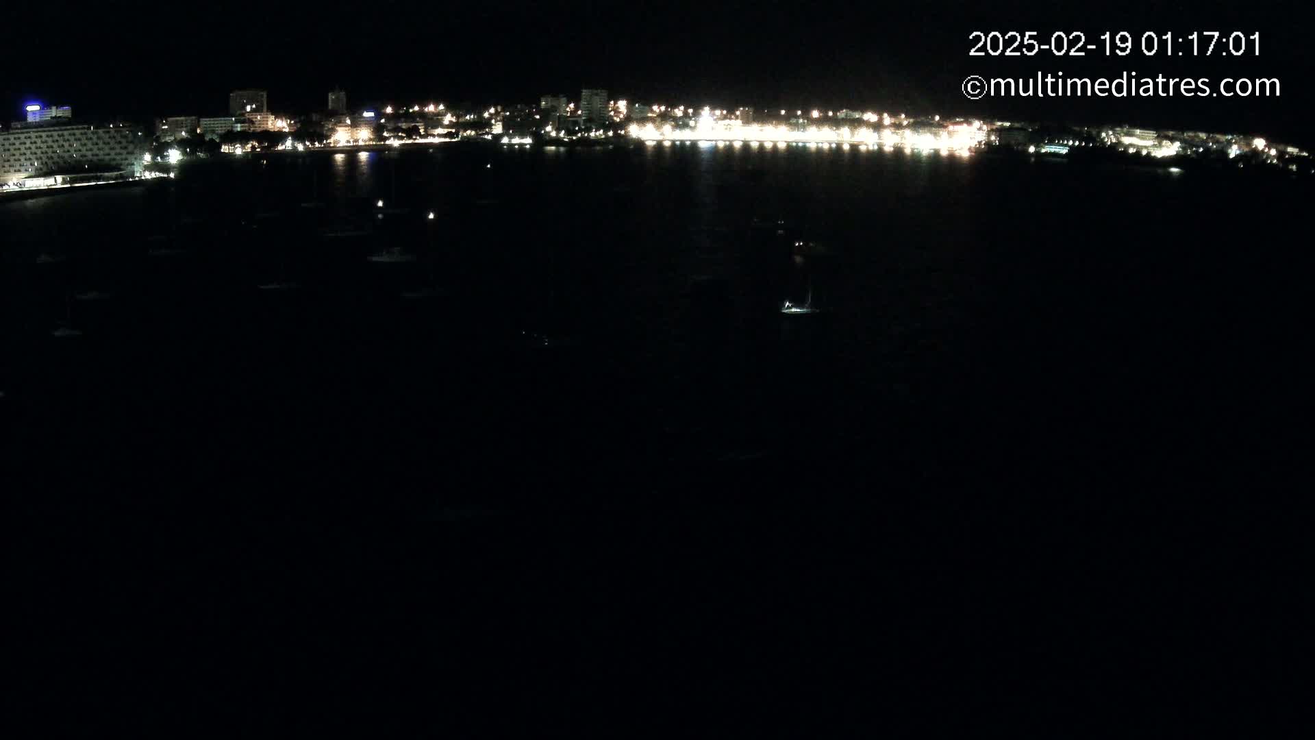 A nighttime, long shot shows a dark body of water with a few small lights from boats scattered across its surface, in front of a city illuminated by many lights along its waterfront.
