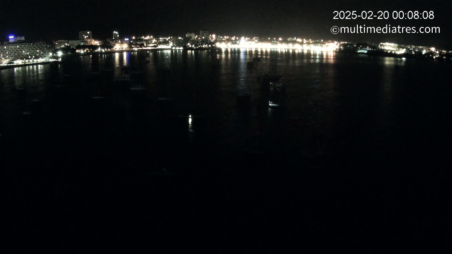 A nighttime view of a city's illuminated waterfront with numerous small boats scattered across a dark body of water.