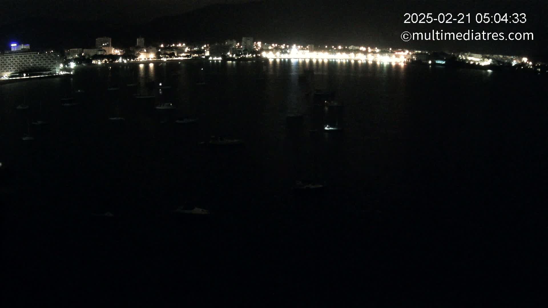 A nighttime view shows a dark body of water with numerous small boats scattered across its surface, in front of a brightly lit city skyline.