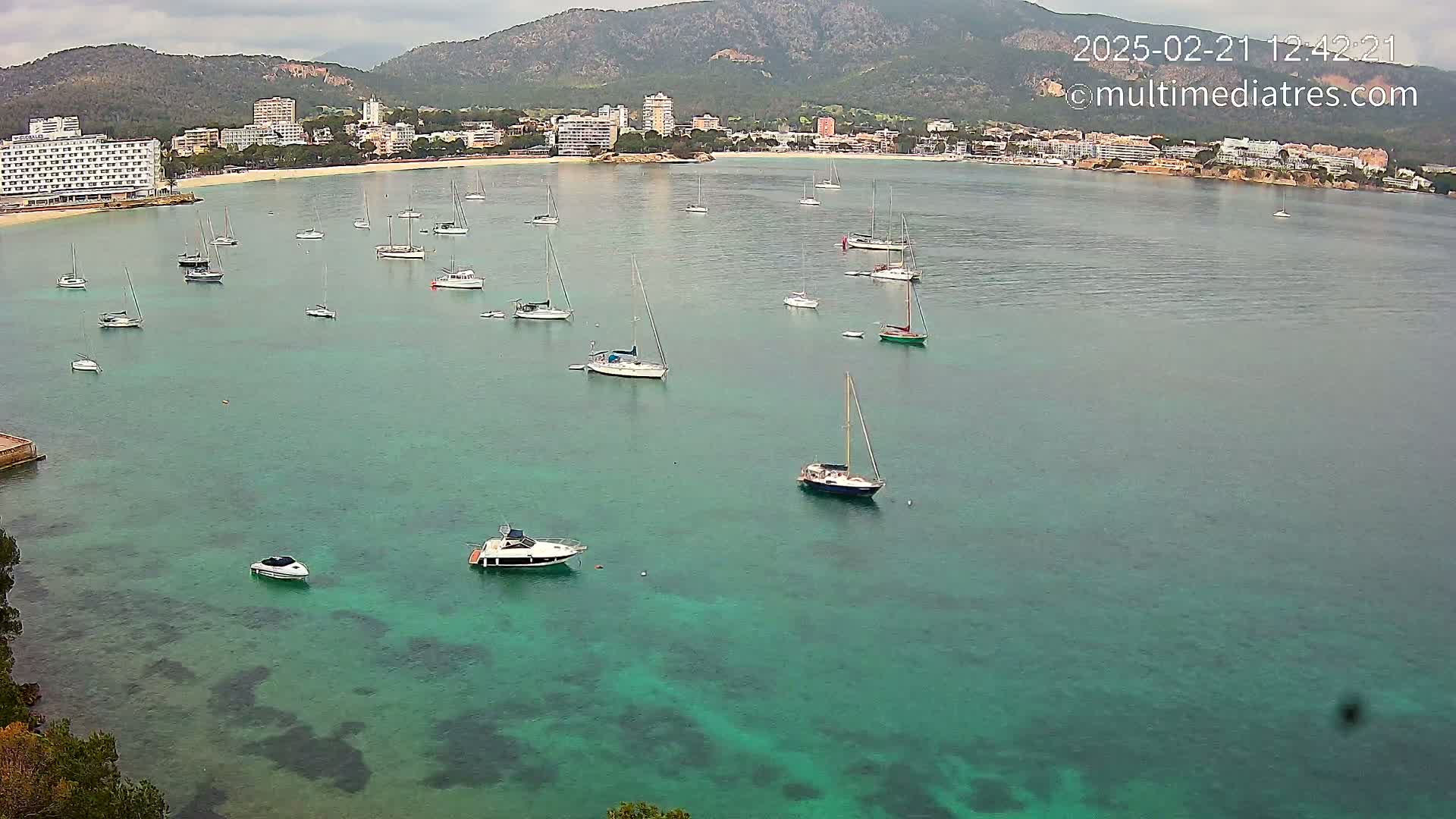 An aerial view shows numerous sailboats and motorboats in a calm, teal-green bay under an overcast sky, with a shoreline featuring buildings and mountains in the background.