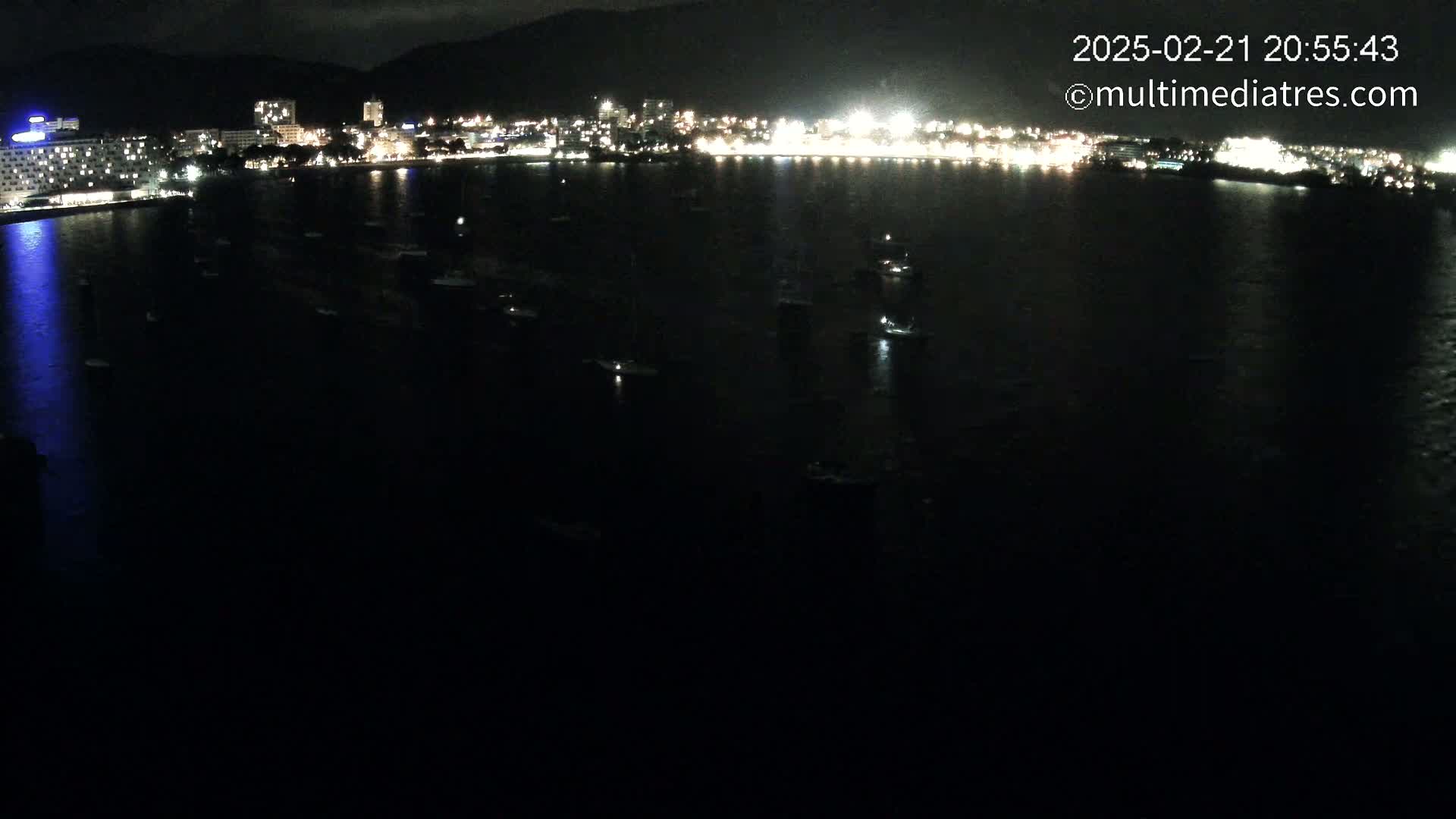 A nighttime aerial view shows a dark body of water with numerous small boats and a brightly lit city skyline in the background.