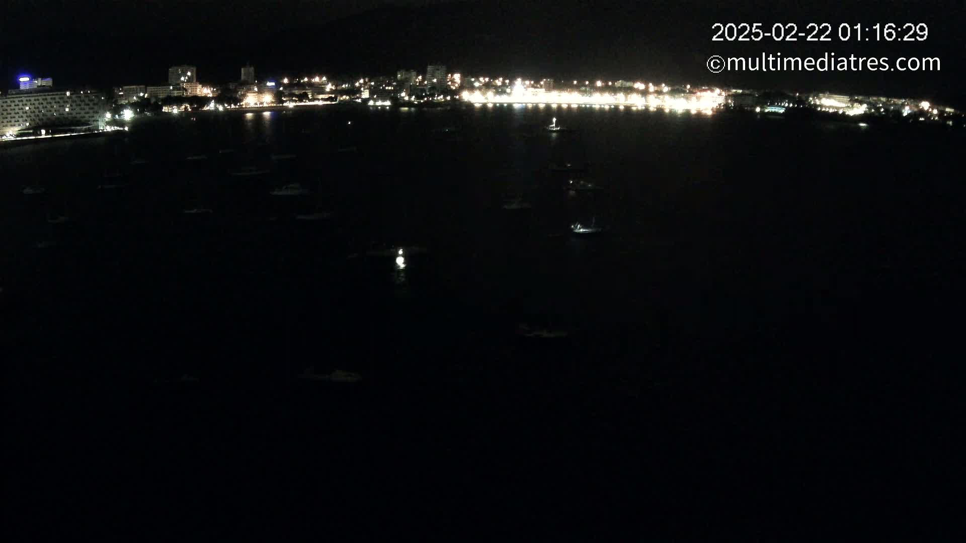 A nighttime view of a city's illuminated waterfront at night, with numerous small boats scattered across a dark body of water.