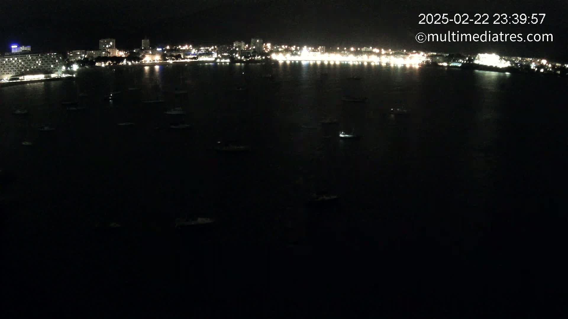 A nighttime view of a city's waterfront shows many small boats scattered across a dark body of water, with the city's lights illuminating the shoreline in the background.