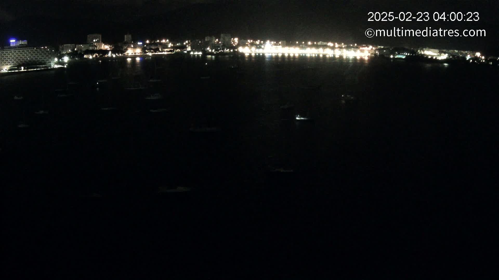 At night, a dark body of water dotted with numerous small, dimly lit boats lies before a city skyline illuminated by lights.