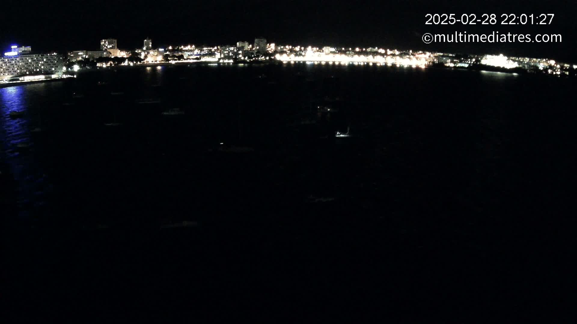 A nighttime view of a city's illuminated waterfront, with numerous boats scattered across a dark body of water.
