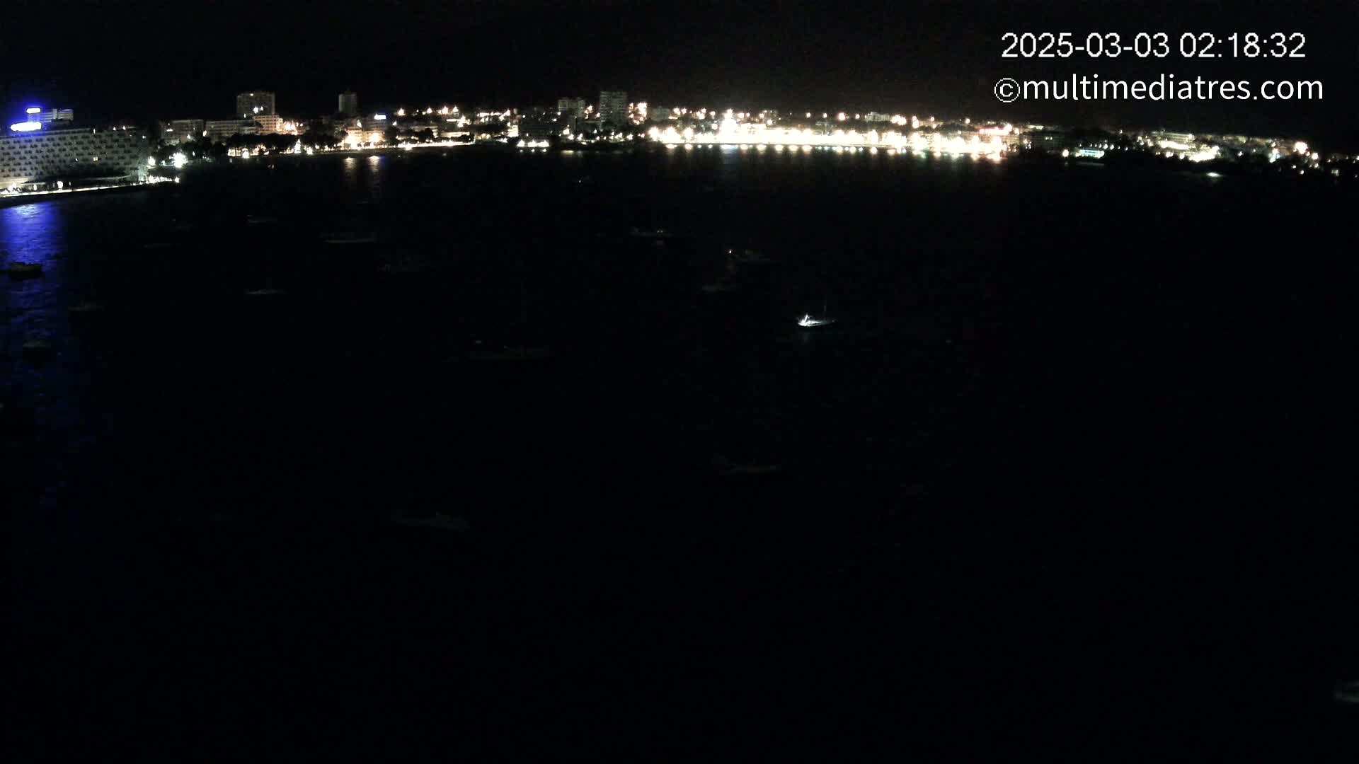 A nighttime view of a city's illuminated waterfront with numerous small boats scattered across a dark body of water.