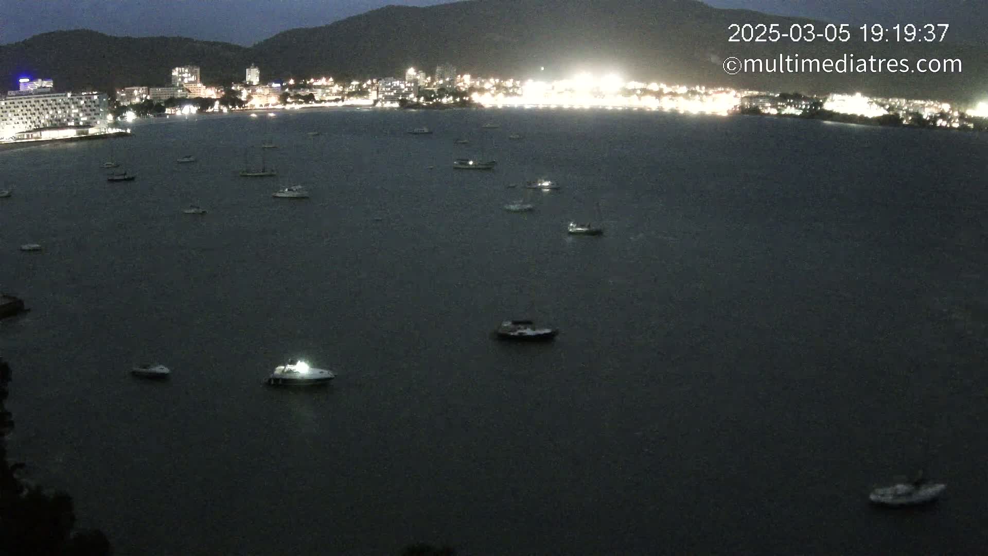 Many boats are scattered across a dark body of water at night, with a brightly lit city visible in the distance under a clear sky.