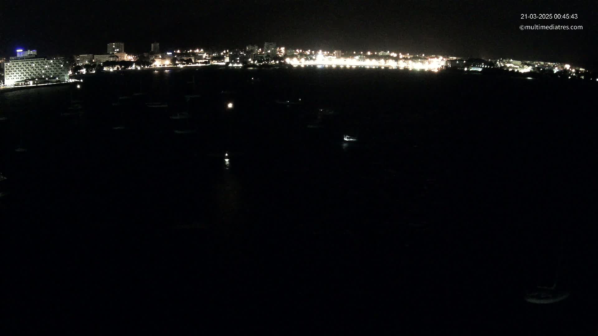 A nighttime view of a city's illuminated waterfront and numerous small boats scattered across a dark body of water.