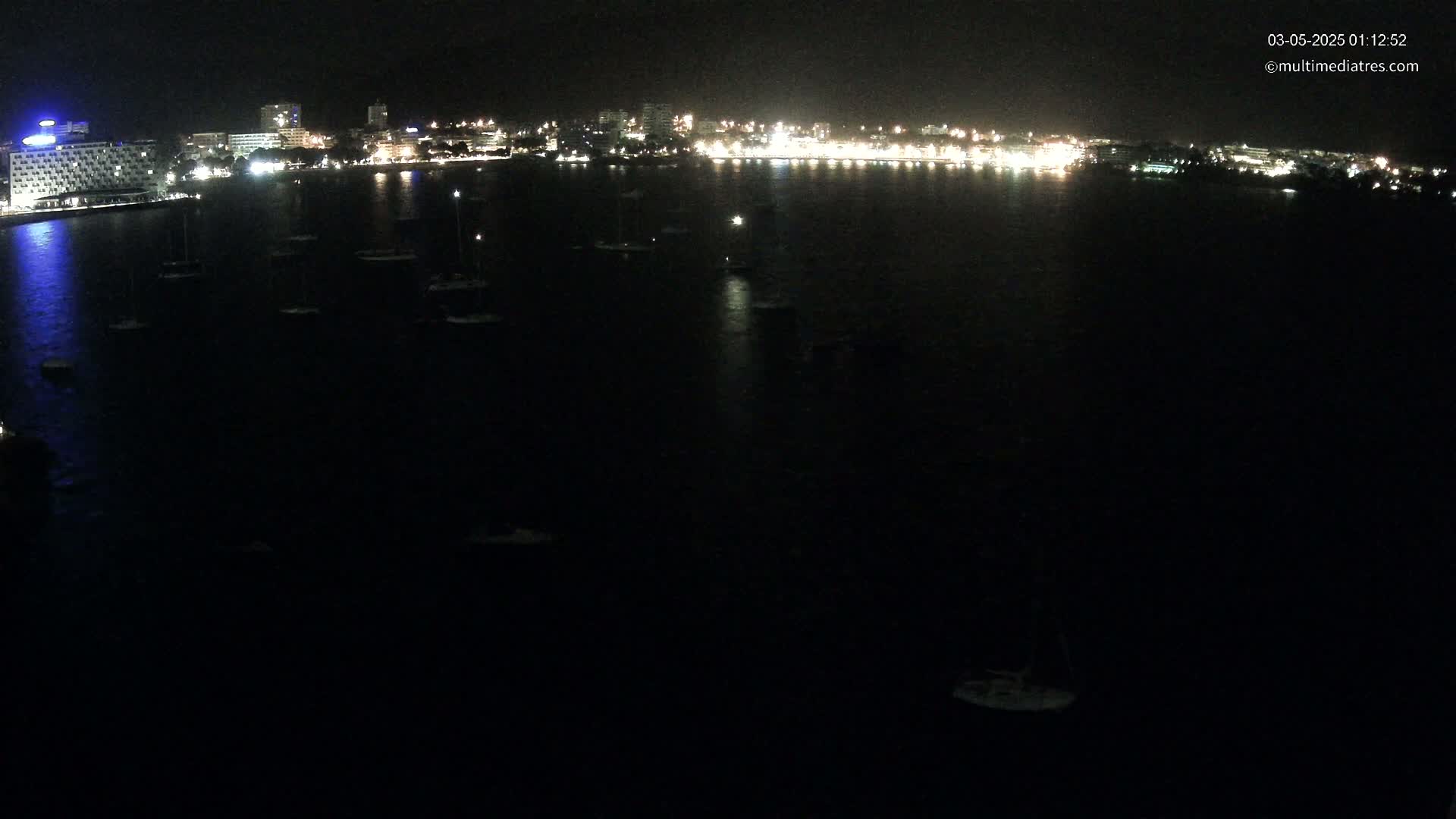 A nighttime view shows a dark body of water with numerous small boats scattered across its surface, in front of a city skyline illuminated by lights.