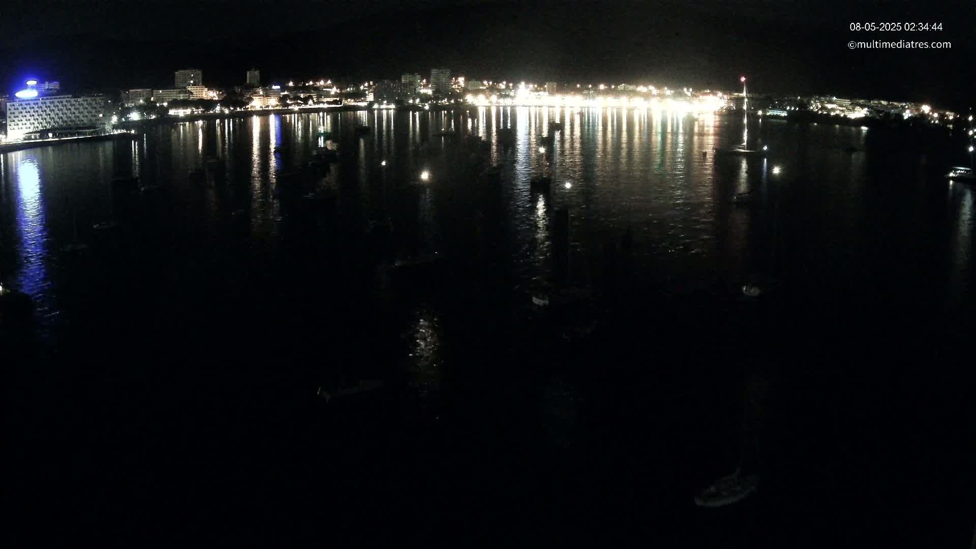 At night, a dark body of water reflects the lights of a city skyline and numerous small boats.