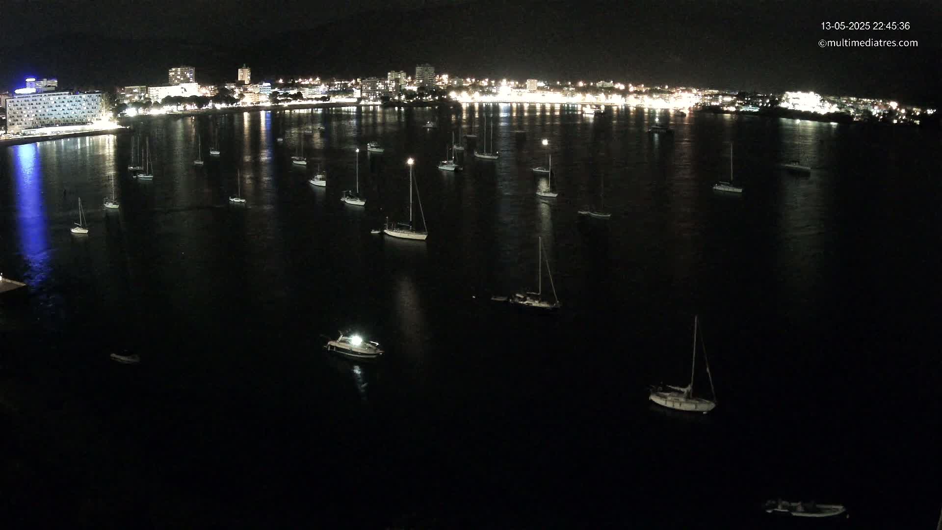 Many sailboats are moored in a dark bay at night, with a brightly lit city visible in the distance.