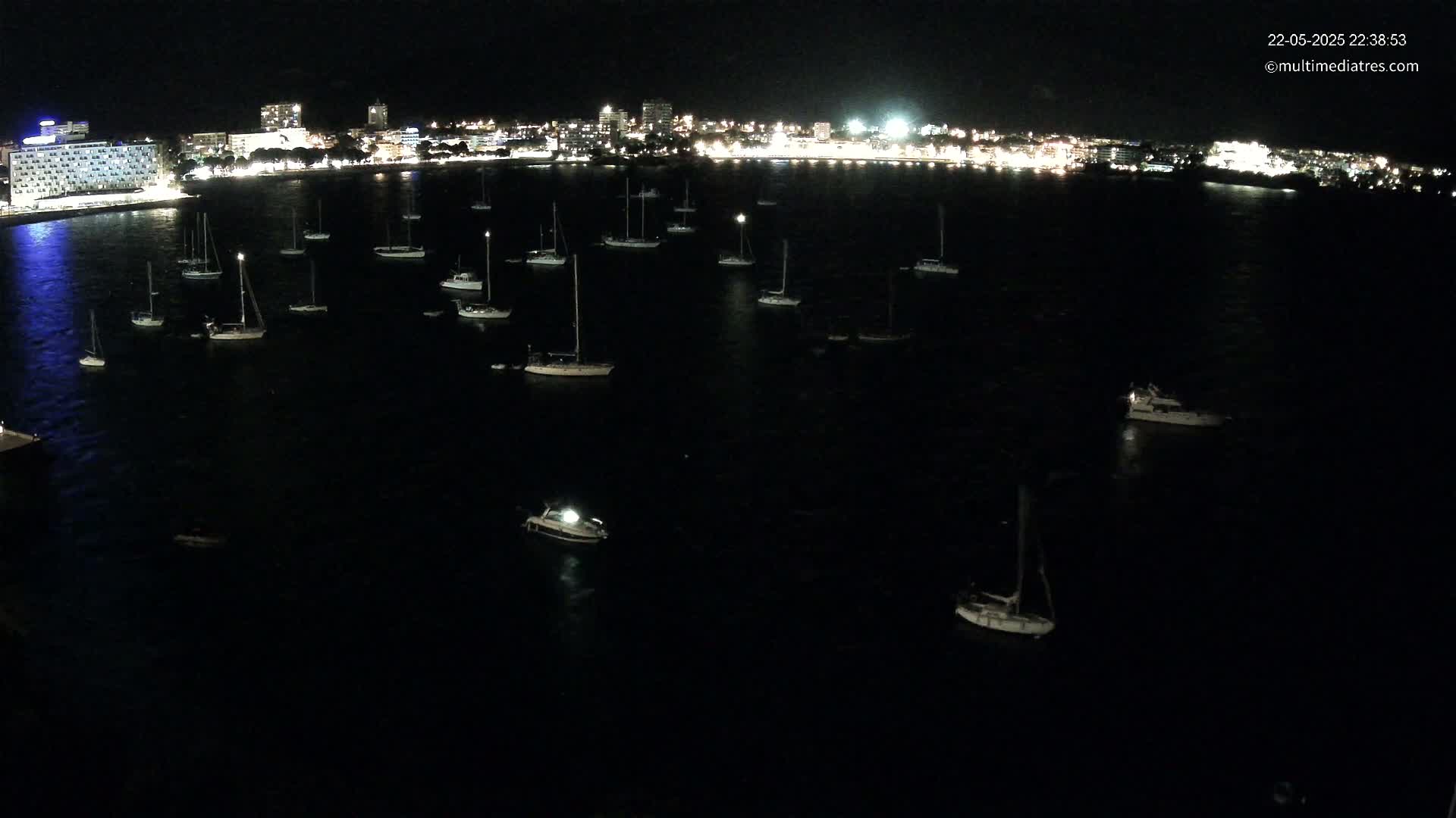 Numerous sailboats are moored in a dark body of water at night, with a brightly lit city skyline in the background.