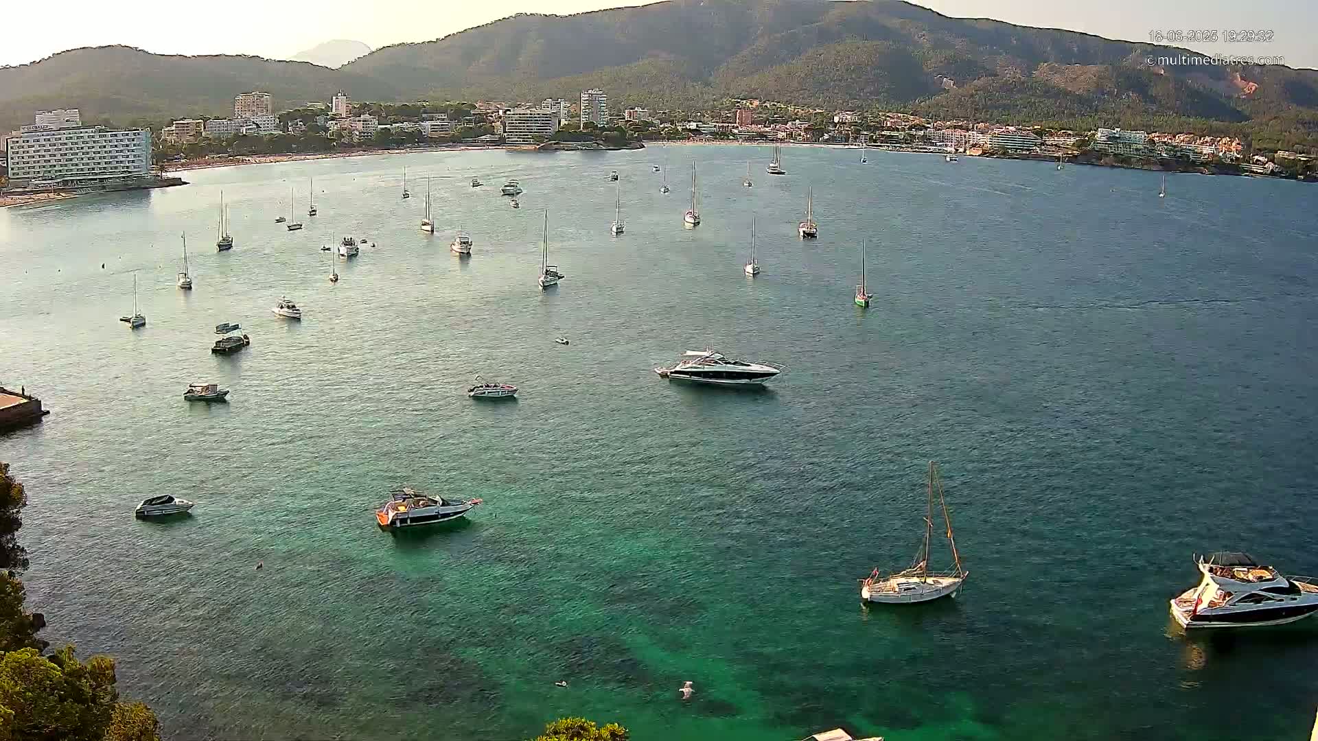 A calm, clear bay with numerous sailboats and motorboats, a coastline with buildings, and a mountain range in the background under a clear sky.