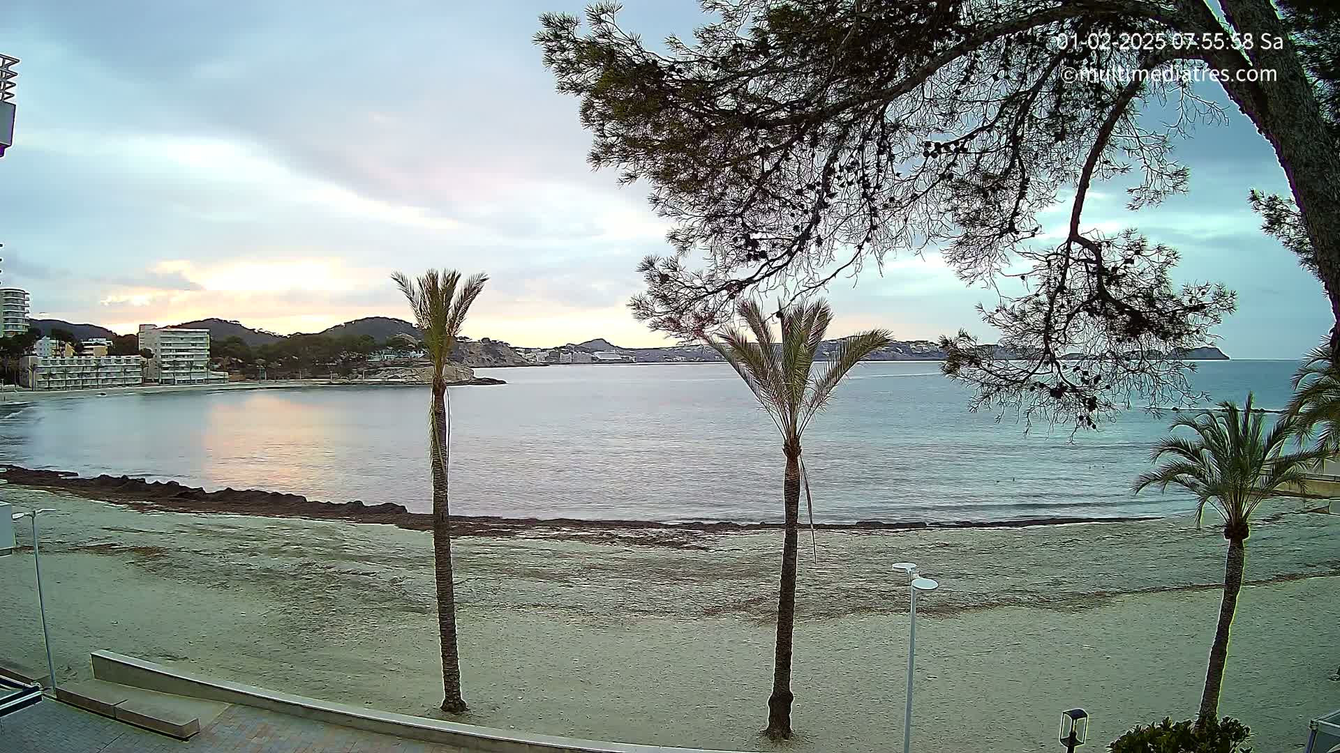 A sandy beach with palm trees is seen at sunrise, overlooking a calm bay with buildings and hills in the background under a mostly cloudy sky.