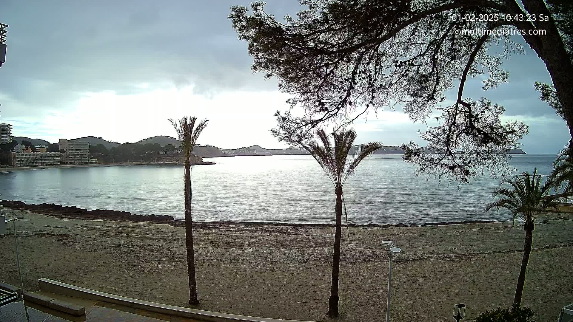A sandy beach with palm trees and buildings is visible across a calm bay under a cloudy sky.