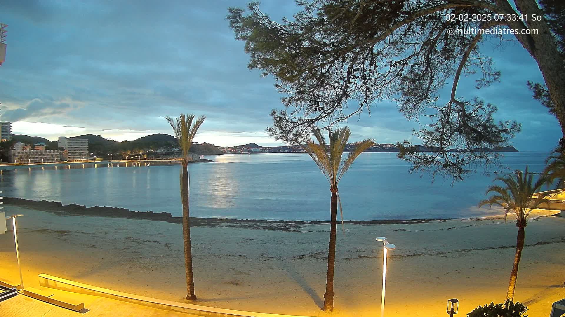 A sandy beach at twilight is bordered by palm trees, buildings, and calm water under a cloudy sky.