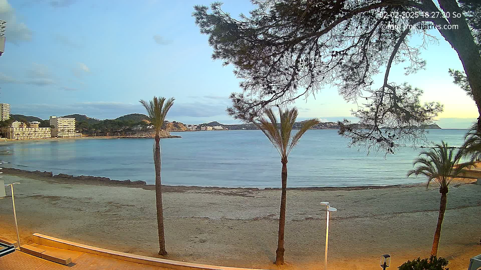 A sandy beach with calm ocean water, palm trees, and buildings in the background under a mostly clear sky.
