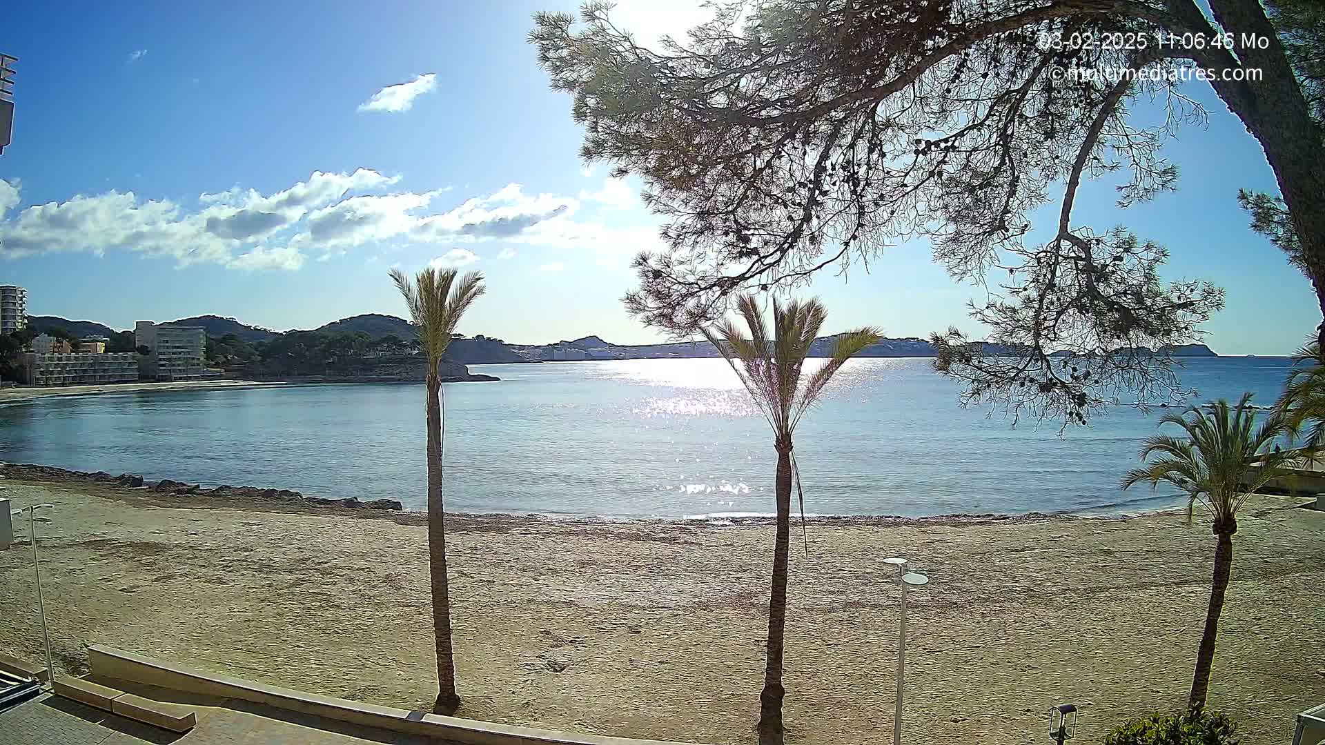 A sandy beach with palm trees and buildings in the background overlooks a calm, sunny bay under a partly cloudy sky.