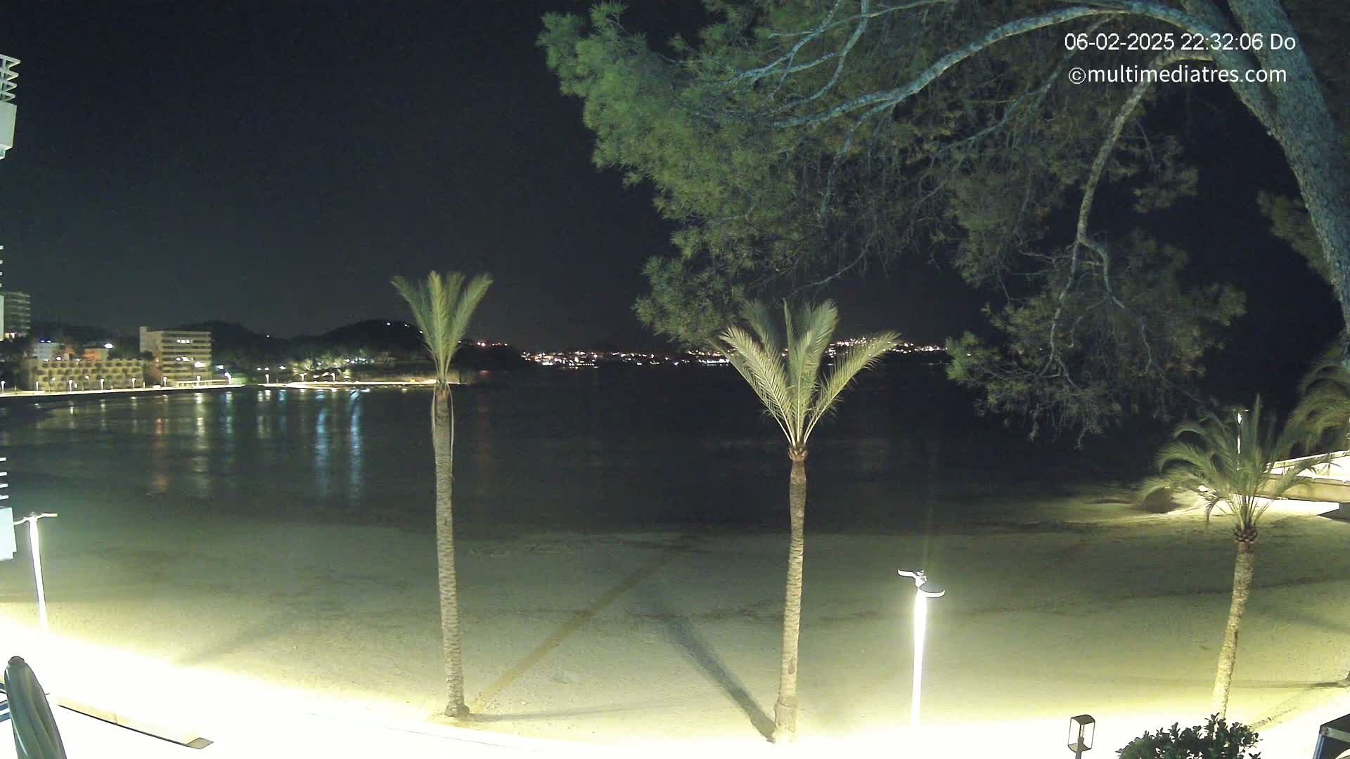 A nighttime view of a calm, sandy beach with palm trees and illuminated buildings across a body of water.