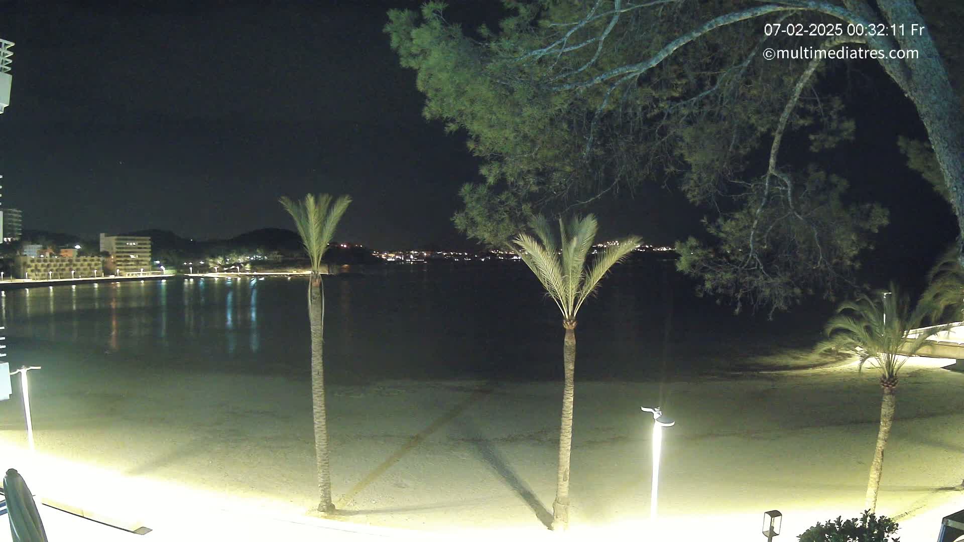 A nighttime view of a calm, sandy beach with palm trees and a town illuminated in the background under a clear, dark sky.