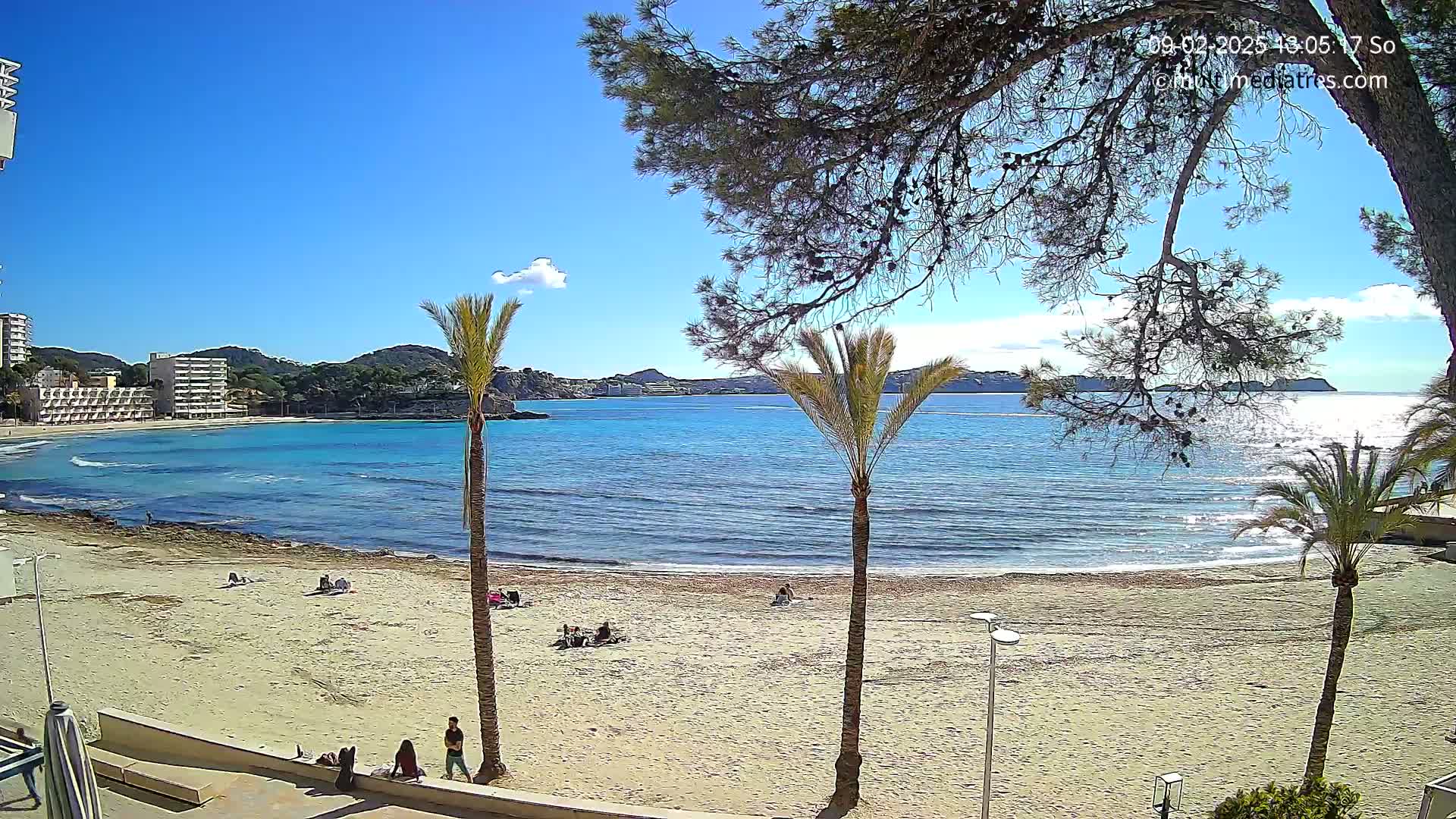 A sandy beach with palm trees and several people is seen, overlooking a calm, blue bay under a mostly sunny sky.