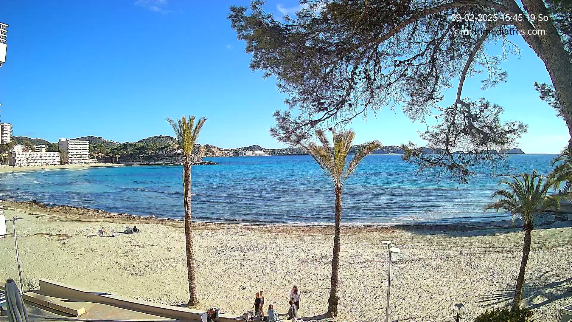 A sandy beach with palm trees and several people on it is shown, with calm, clear turquoise water and buildings in the background under a sunny blue sky.