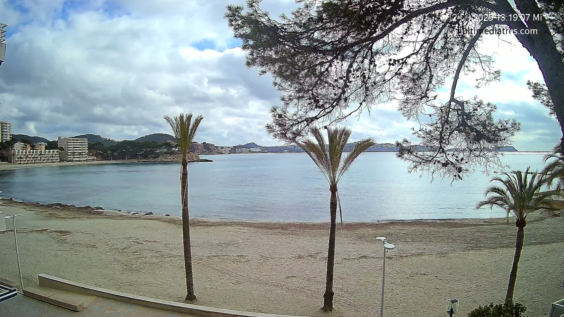 A partly cloudy day shows a sandy beach bordering calm blue water, with palm trees and buildings visible in the background.