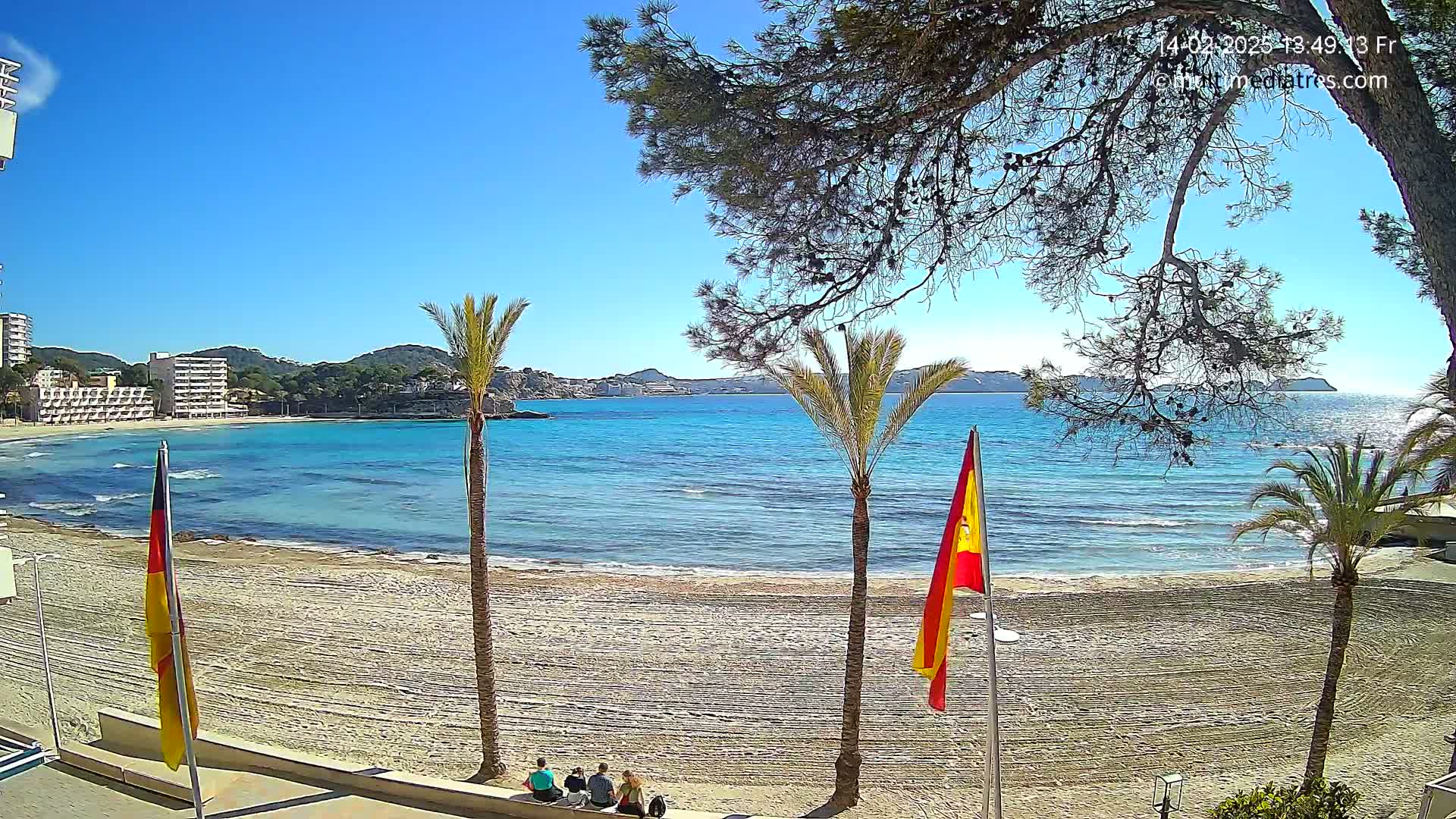 A sandy beach with calm, turquoise water stretches beneath a sunny sky, framed by palm trees and buildings.