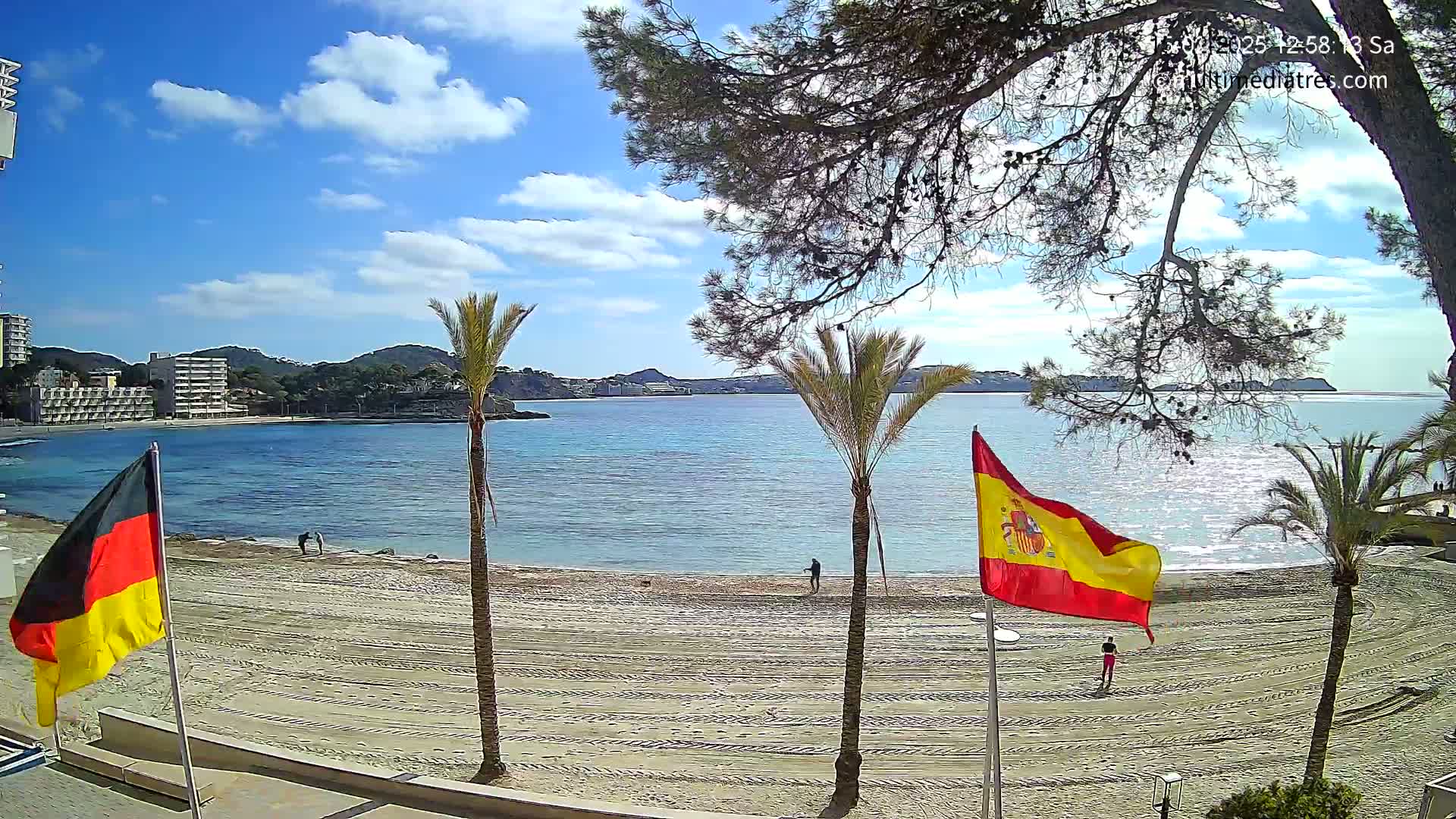 A sandy beach with palm trees and flags, overlooks a calm, blue bay under a partly cloudy sky.