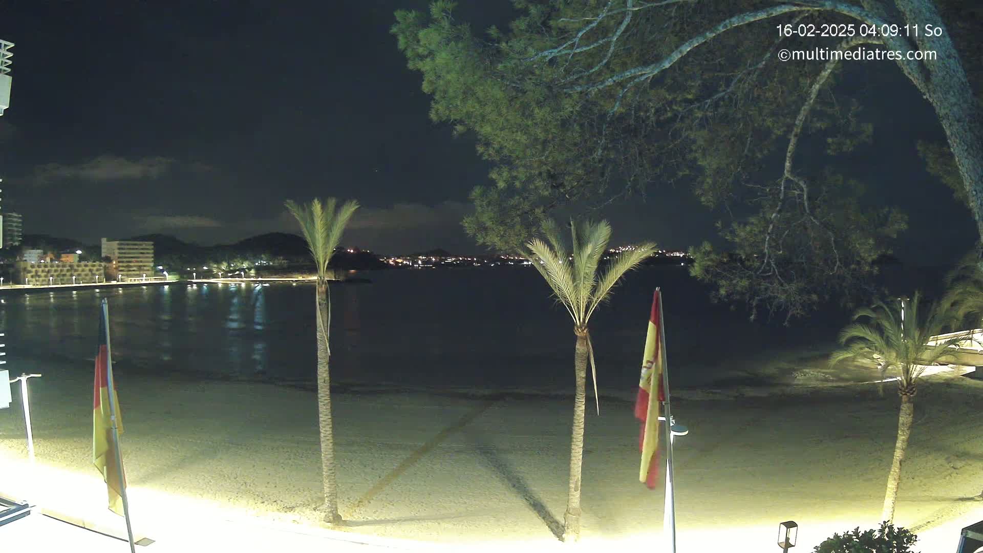 A nighttime view of a sandy beach with palm trees and flags, overlooking a calm body of water with a town illuminated in the distance under a partly cloudy sky.