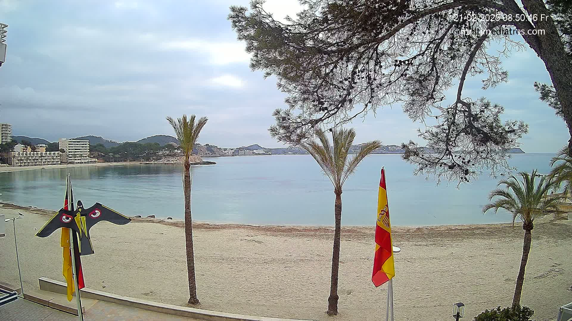 A sandy beach with calm, light-blue water, palm trees, and a Spanish flag is seen under a cloudy sky.