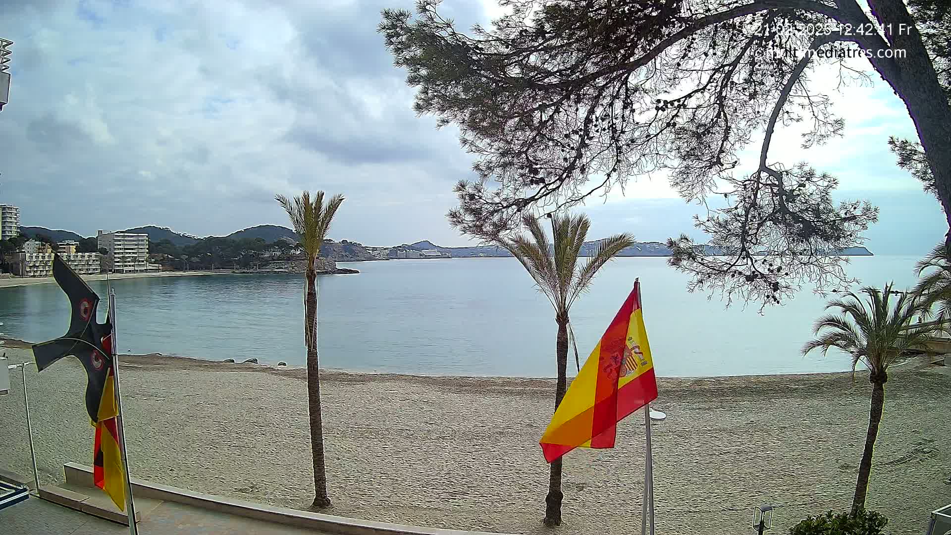 A sandy beach with calm, light blue water, palm trees, and a Spanish flag under a cloudy sky.