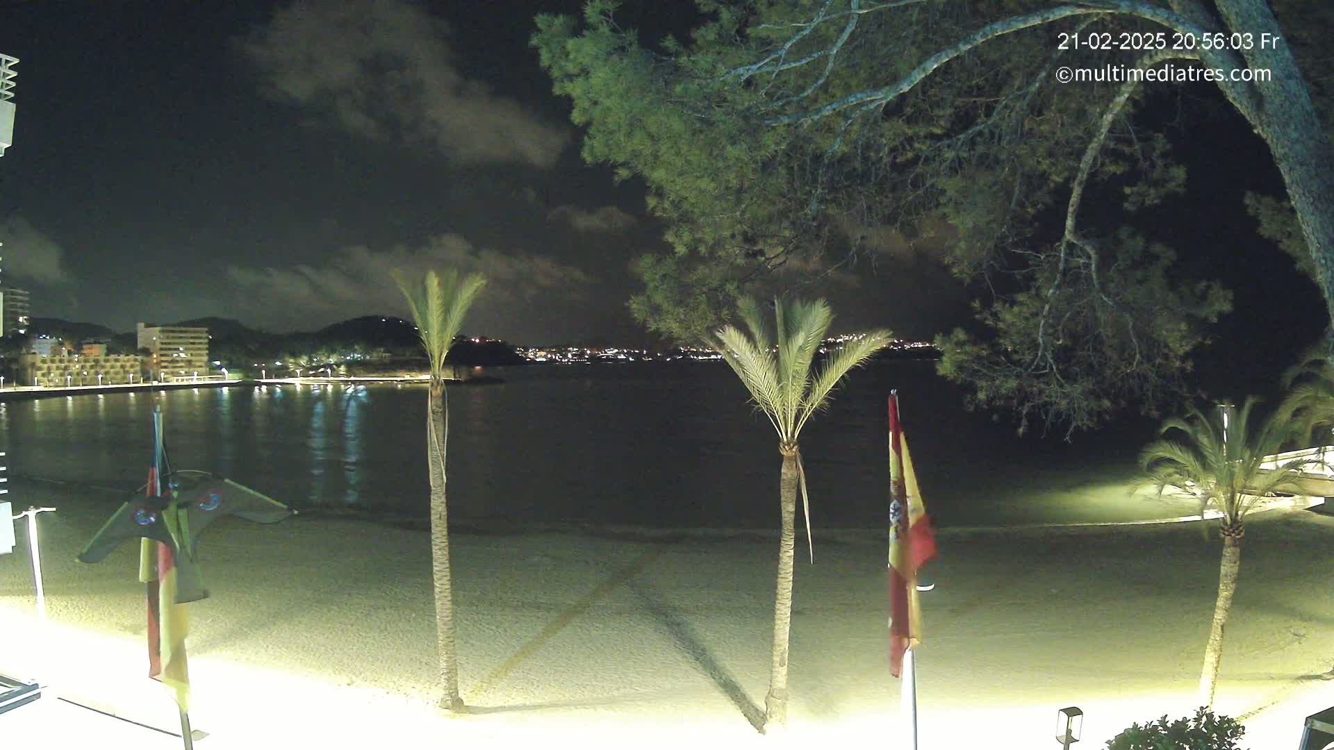 A nighttime view of a sandy beach with palm trees, a calm body of water reflecting lights from buildings across the bay under a partly cloudy sky.