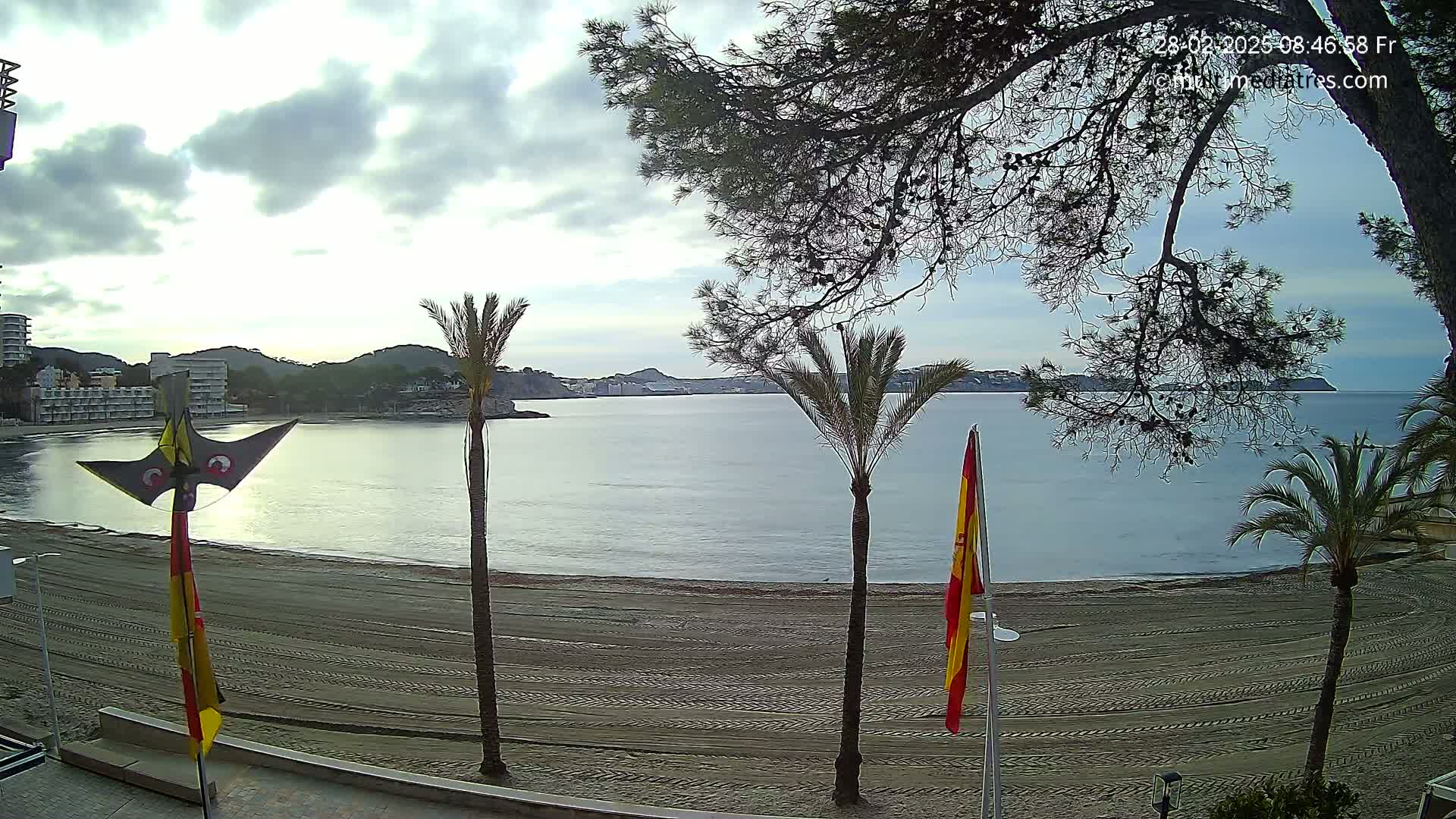 A sandy beach with tire tracks is visible, backed by palm trees and buildings, overlooking a calm bay under a partly cloudy sky.