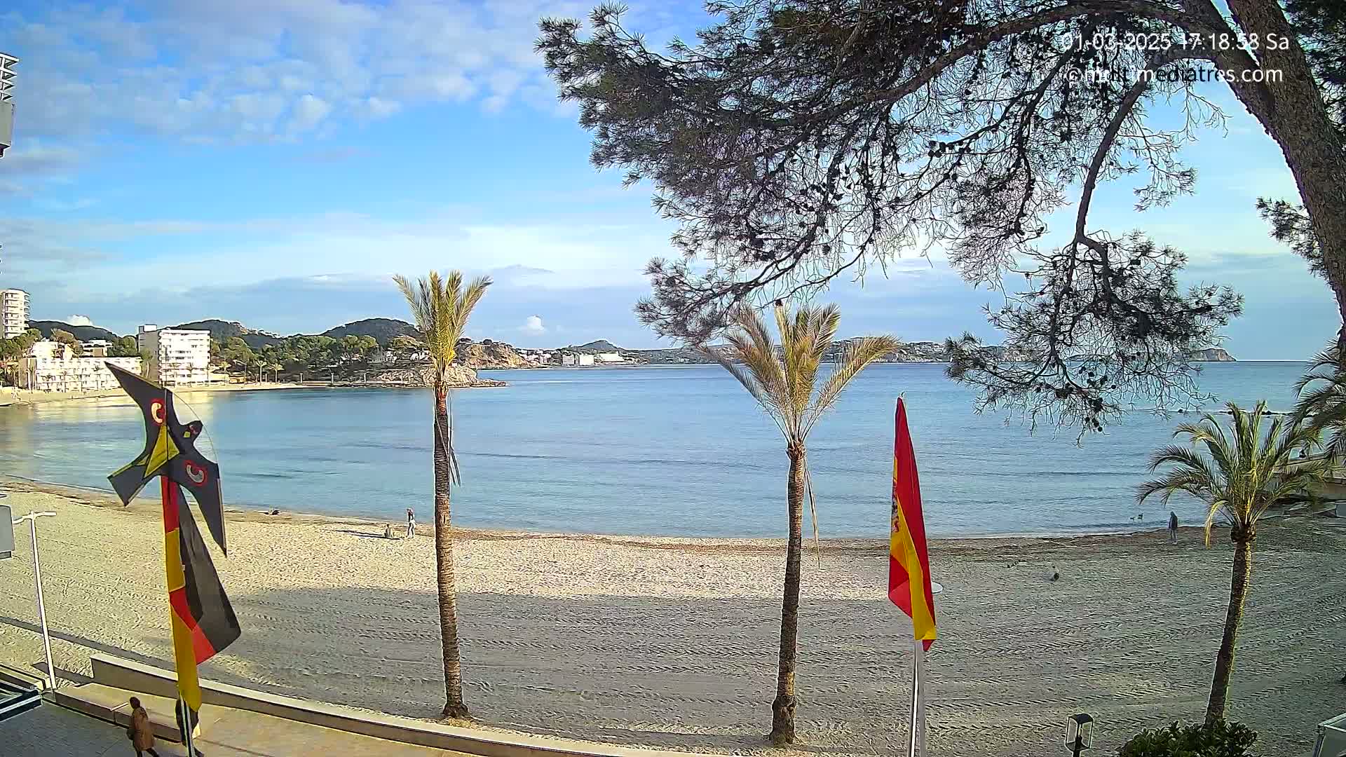 A sandy beach with palm trees and flags borders a calm, blue bay under a mostly sunny sky.