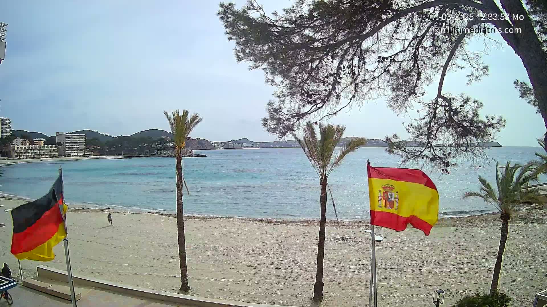 A sandy beach with calm, turquoise water, palm trees, and flags of Spain and Germany is visible under a mostly clear sky.