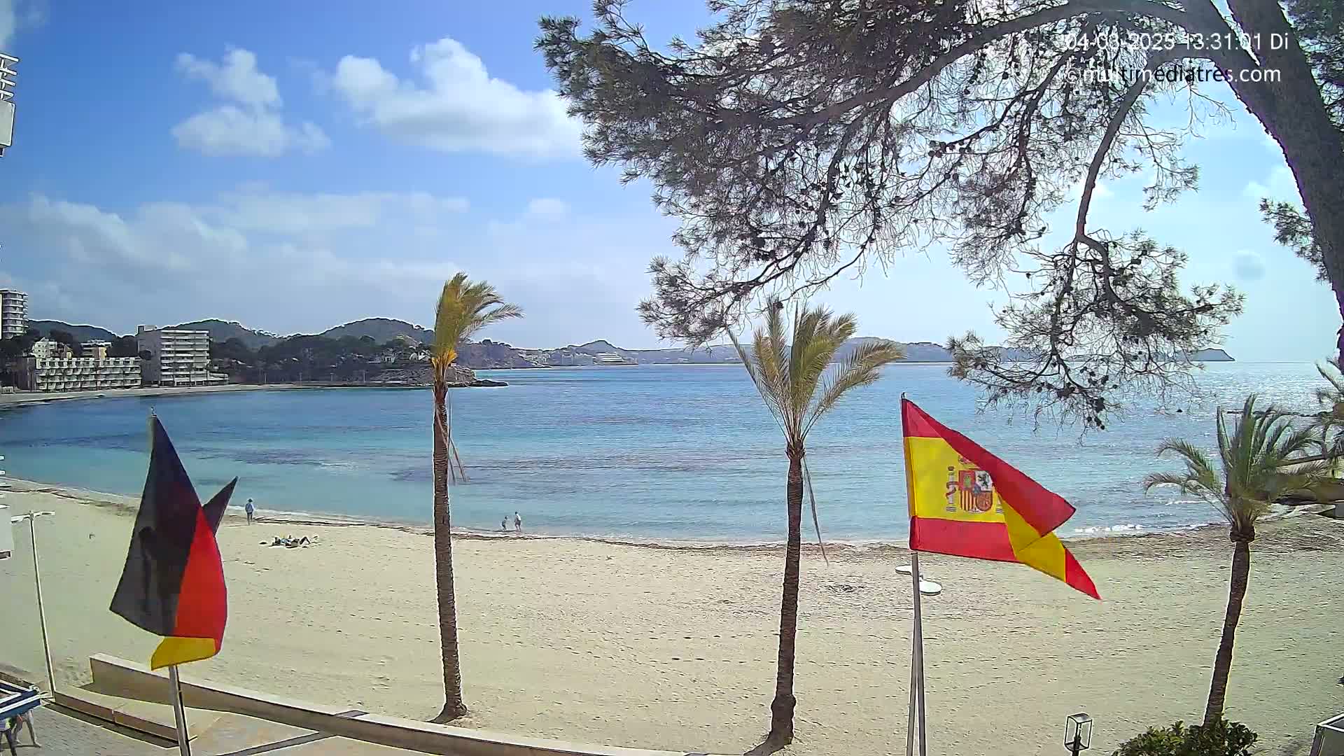 A sandy beach with turquoise water, palm trees, and flags on poles is visible under a partly cloudy sky.