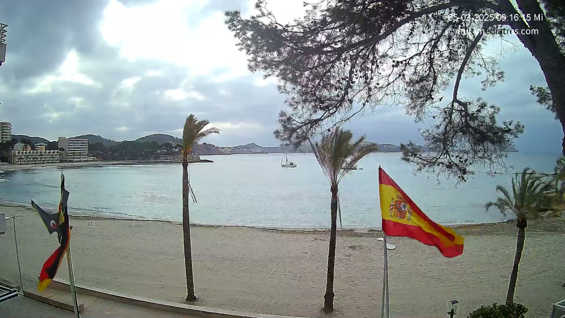 A sandy beach with calm water, palm trees, a Spanish flag, and buildings in the background under a cloudy sky.