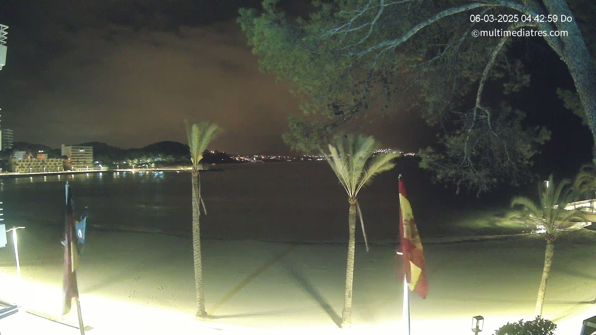 A nighttime view of a sandy beach with calm water, palm trees, and buildings across the water under a partly cloudy sky.
