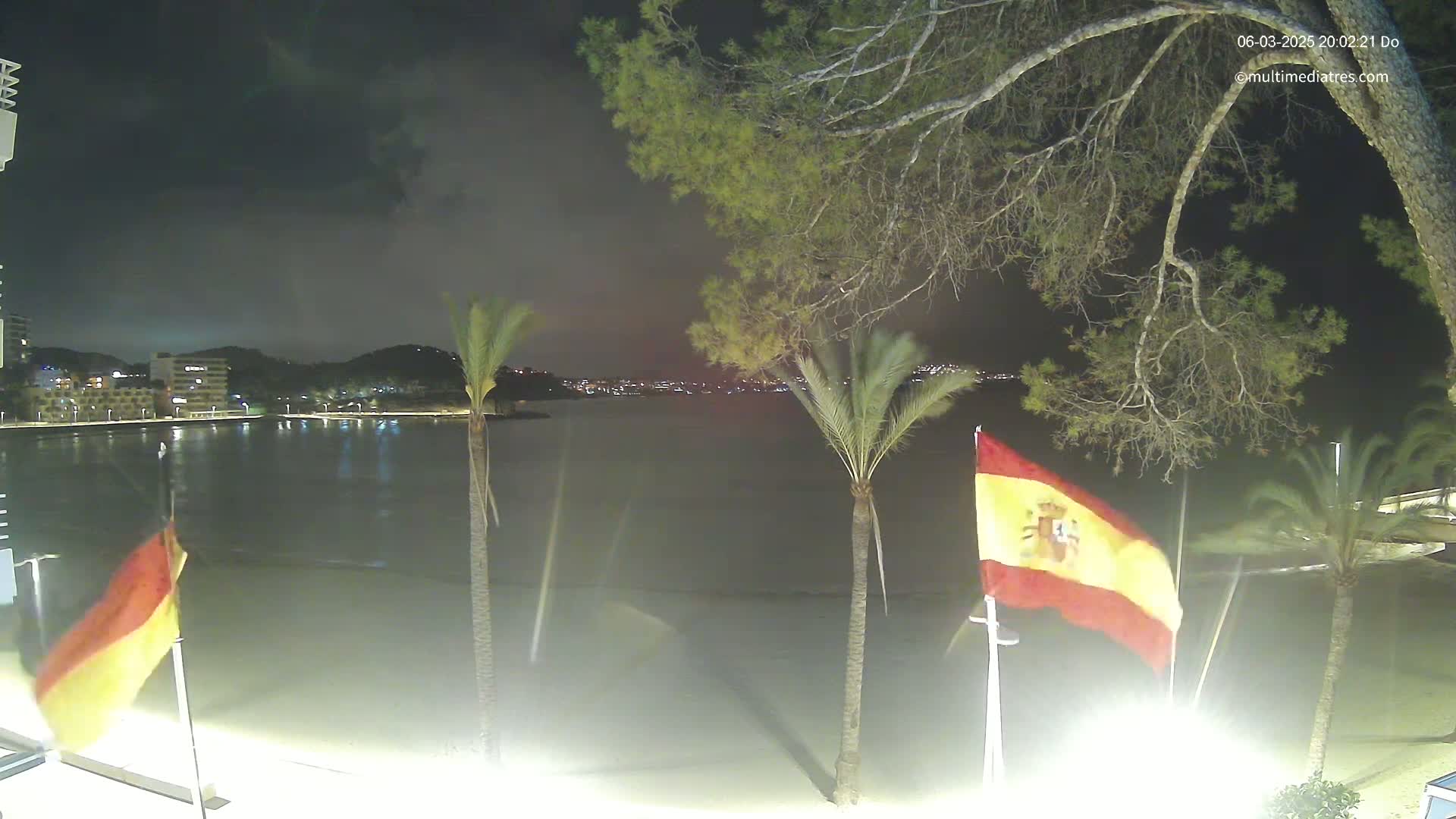 A nighttime beach scene shows a calm body of water reflecting the lights of a distant town under a cloudy sky, with two palm trees and Spanish flags in the foreground.