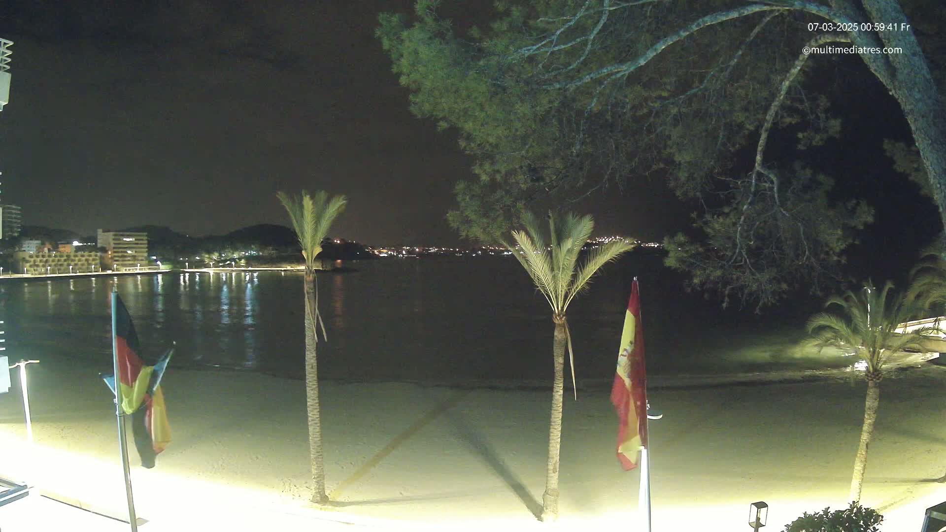 A nighttime view of a sandy beach with palm trees and flags, overlooking a calm body of water and a city skyline illuminated by lights.