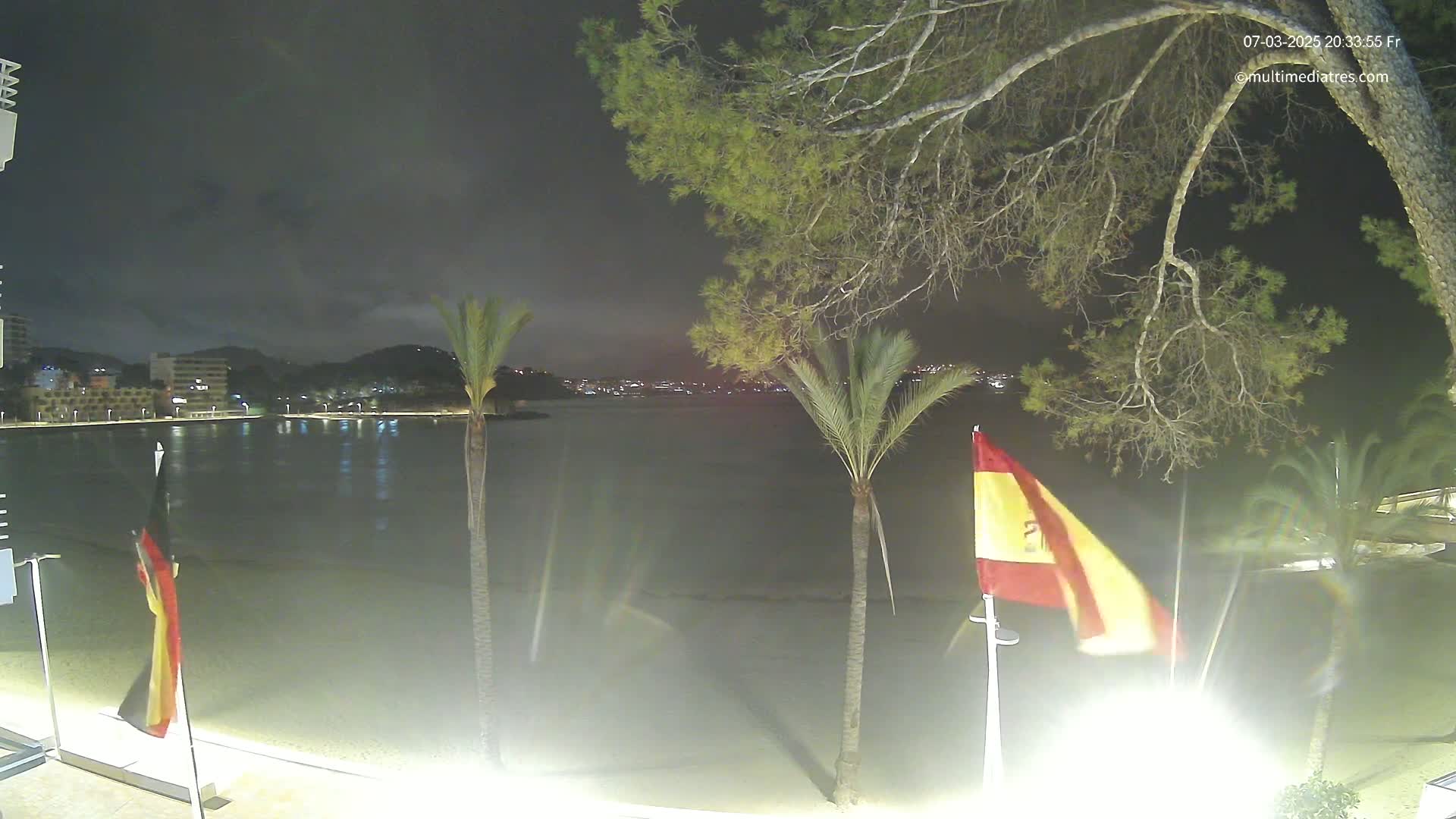 A nighttime view of a calm beach with palm trees, flags, and a town illuminated in the distance under a cloudy sky.