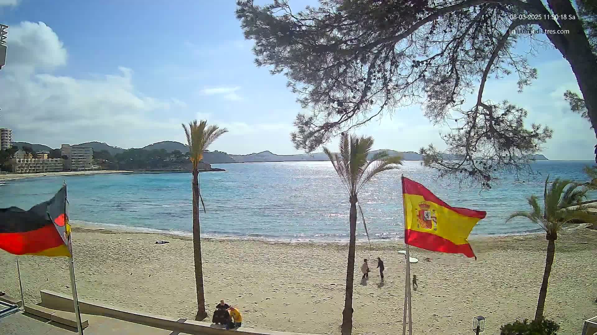 A sandy beach with palm trees and a calm, clear blue sea under a partly cloudy sky, with a few people walking on the beach and flags from Germany and Spain waving.