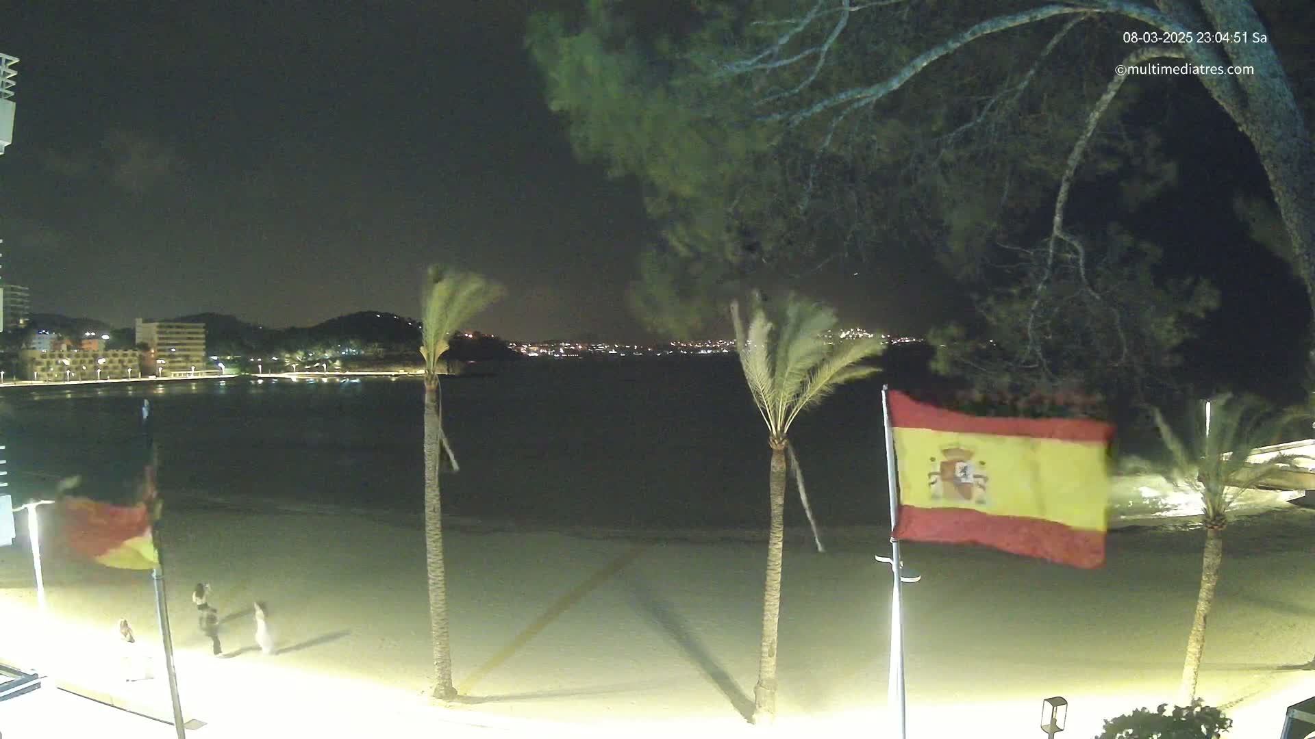 A nighttime beach scene shows a calm body of water with buildings across the water, palm trees, flags waving in the wind, and a few people walking on the sand.